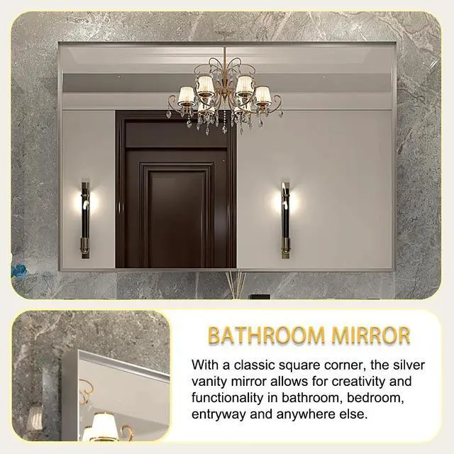 Alt view image 6 of 7 - 40x30inch Silver Rectangular Wall-mounted Beveled Bathroom Mirror,Square Angle Metal Frame Wall Mounted Bathroom Mirrors For Wall(Horizontal & Vertical)