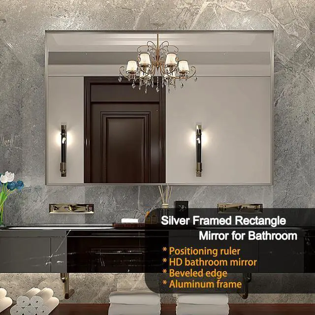 Alt view image 7 of 7 - 40x30inch Silver Rectangular Wall-mounted Beveled Bathroom Mirror,Square Angle Metal Frame Wall Mounted Bathroom Mirrors For Wall(Horizontal & Vertical)