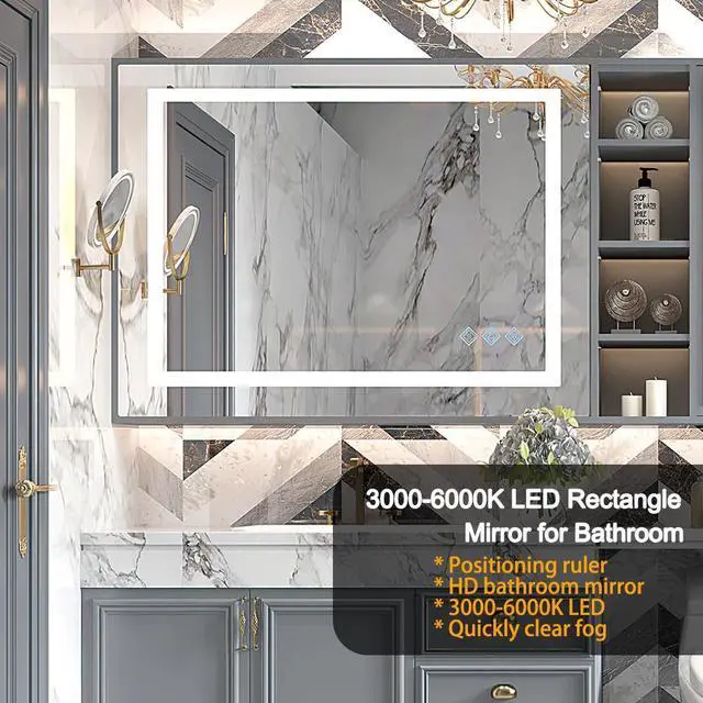 Alt view image 4 of 7 - 48x36inch LED Bathroom Mirror,3000-6000K Gradient Front and Backlit LED Mirror for Bathroom,3Colors Dimmable,IP54 Enhanced Anti-Fog,Hanging Plates Wall Mount Lighted Mirror(Only mirrors, not cabinets)