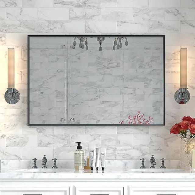 Main image of 40x30inch Glossy Black Bathroom Mirrors For Wall Rectangle Vanity Mirror Corner Hangs Farmhouse Mirror Modern Metal Framed Rectangular Mirror, Decorative Square Corner Mirror(Horizontal & Vertical)