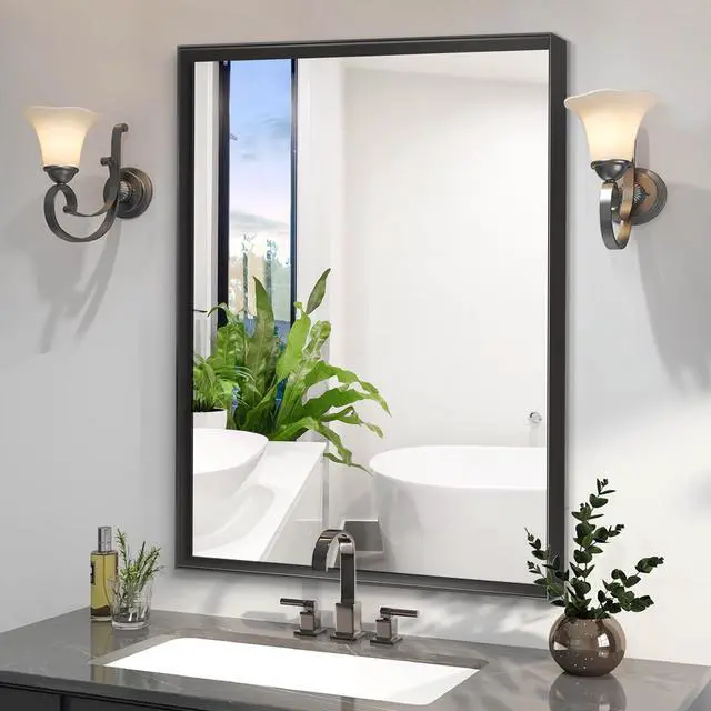 Alt view image 6 of 7 - 40x30inch Glossy Black Bathroom Mirrors For Wall Rectangle Vanity Mirror Corner Hangs Farmhouse Mirror Modern Metal Framed Rectangular Mirror, Decorative Square Corner Mirror(Horizontal & Vertical)