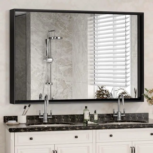 Alt view image 4 of 7 - 40x30inch Glossy Black Bathroom Mirrors For Wall Rectangle Vanity Mirror Corner Hangs Farmhouse Mirror Modern Metal Framed Rectangular Mirror, Decorative Square Corner Mirror(Horizontal & Vertical)