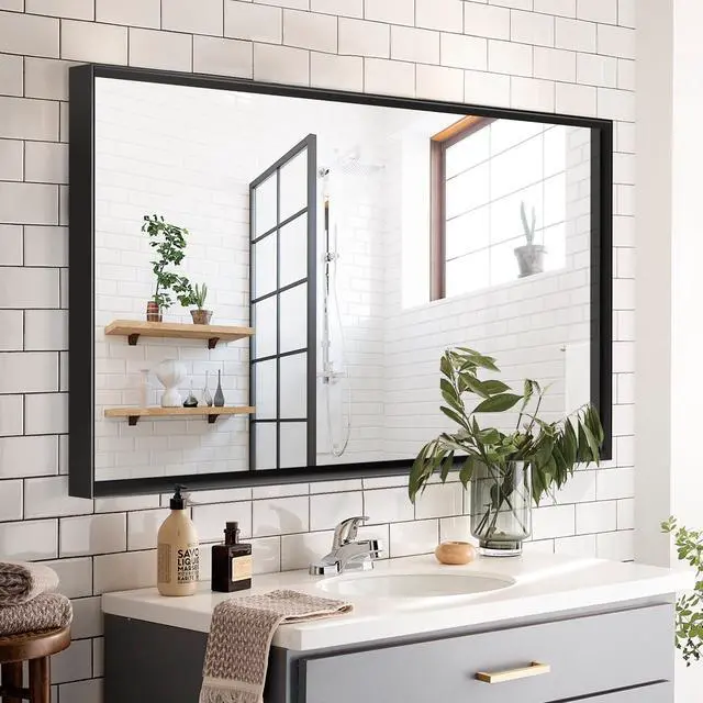 Alt view image 5 of 7 - 40x30inch Glossy Black Bathroom Mirrors For Wall Rectangle Vanity Mirror Corner Hangs Farmhouse Mirror Modern Metal Framed Rectangular Mirror, Decorative Square Corner Mirror(Horizontal & Vertical)