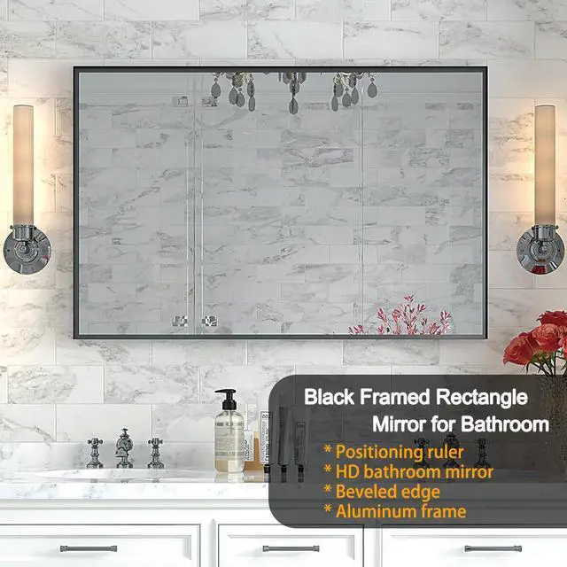 Alt view image 7 of 7 - 40x30inch Glossy Black Bathroom Mirrors For Wall Rectangle Vanity Mirror Corner Hangs Farmhouse Mirror Modern Metal Framed Rectangular Mirror, Decorative Square Corner Mirror(Horizontal & Vertical)