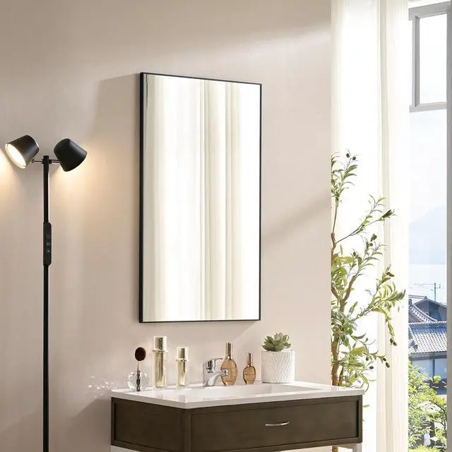 Alt view image 2 of 6 - 60x22inch Glossy Black Bathroom Mirrors For Wall Rectangle Vanity Mirror Corner Hangs Farmhouse Mirror Modern Metal Framed Rectangular Mirror, Decorative Square Corner Mirror(Horizontal & Vertical)