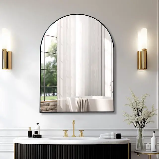 Main image of 30x40 Inch Black Metal Framed Arched Bathrrom Mirror for Wall.
