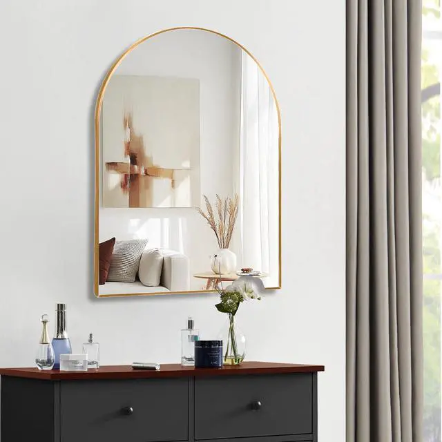 Alt view image 2 of 6 - 30x40 Inch Gold Metal Framed Arched Bathrrom Mirror for Wall.