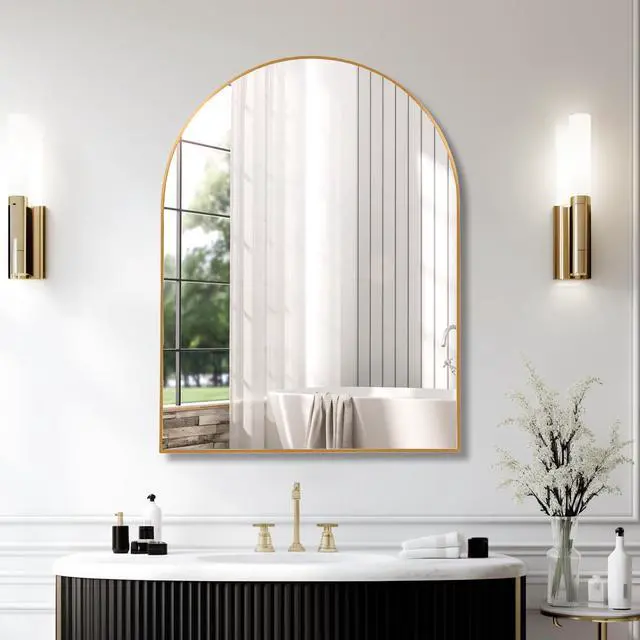 Main image of 30x40 Inch Gold Metal Framed Arched Bathrrom Mirror for Wall.