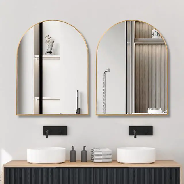 Alt view image 3 of 6 - 30x40 Inch Gold Metal Framed Arched Bathrrom Mirror for Wall.