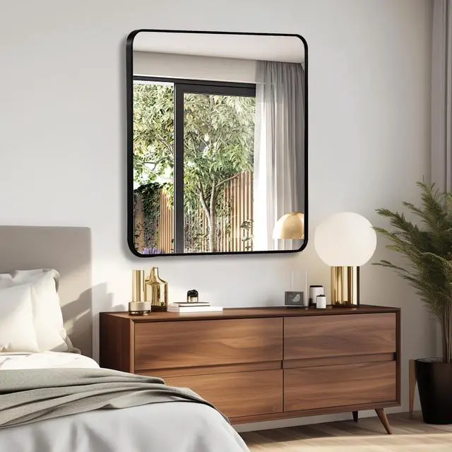 Alt view image 2 of 7 - 36in x 36in Inch Black Metal Framed Square Bathrrom Mirror for Wall.