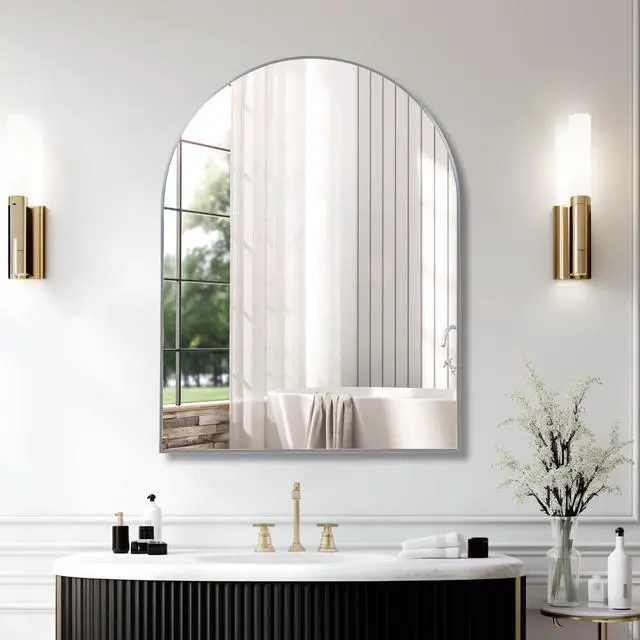 Main image of 30x40 Inch Silver Metal Framed Arched Bathrrom Mirror for Wall.