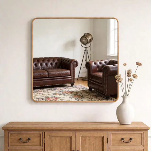 Main image of 36in x 36in Inch Gold Metal Framed Square Bathrrom Mirror for Wall.