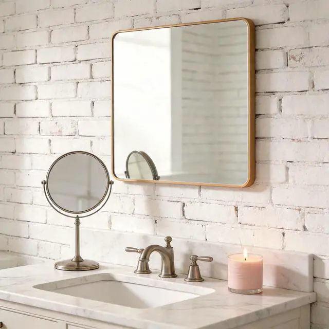 Alt view image 6 of 7 - 36in x 36in Inch Gold Metal Framed Square Bathrrom Mirror for Wall.