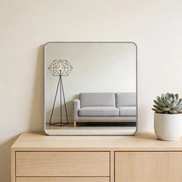 Alt view image 2 of 7 - 36in x 36in Inch Silver Metal Framed Square Bathrrom Mirror for Wall.