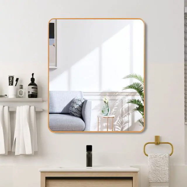 Alt view image 7 of 7 - 36in x 36in Inch Gold Metal Framed Square Bathrrom Mirror for Wall.