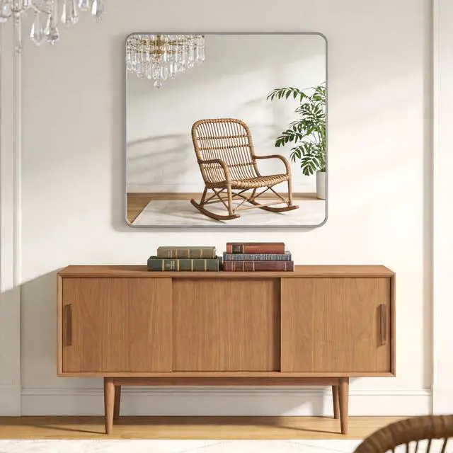 Alt view image 5 of 7 - 36in x 36in Inch Silver Metal Framed Square Bathrrom Mirror for Wall.