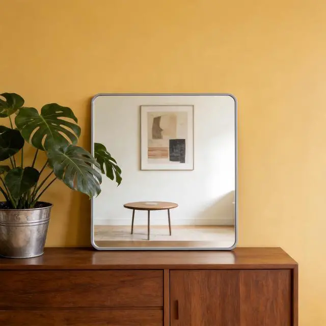 Alt view image 4 of 7 - 36in x 36in Inch Silver Metal Framed Square Bathrrom Mirror for Wall.