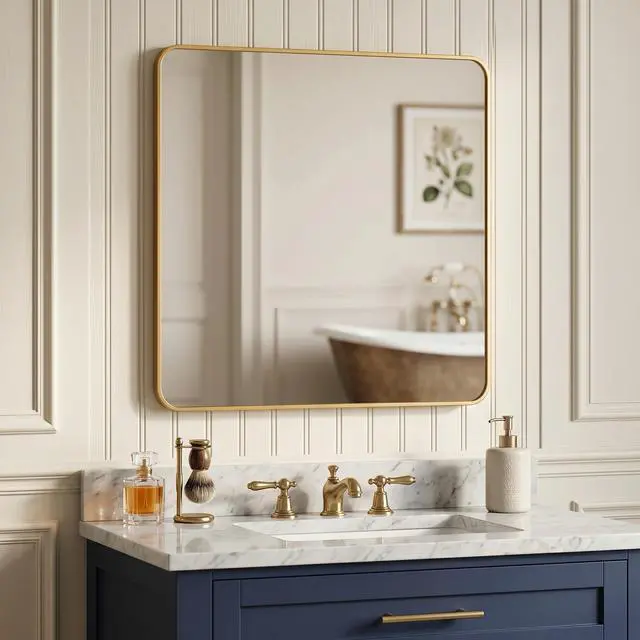 Alt view image 4 of 7 - 36in x 36in Inch Gold Metal Framed Square Bathrrom Mirror for Wall.