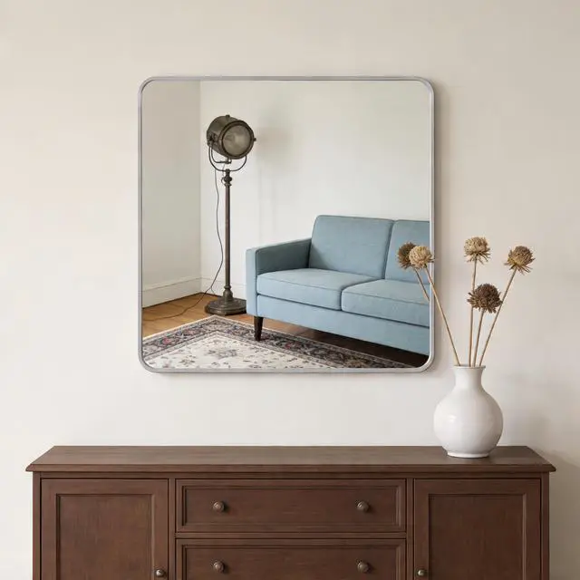 Alt view image 3 of 7 - 36in x 36in Inch Silver Metal Framed Square Bathrrom Mirror for Wall.