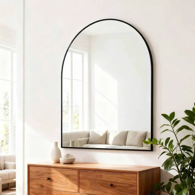 Main image of 30x36 Inch Black Metal Framed Arched Bathrrom Mirror for Wall.