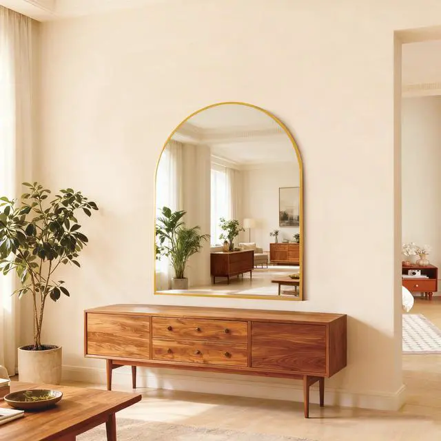 Main image of 30x36 Inch Gold Metal Framed Arched Bathrrom Mirror for Wall.