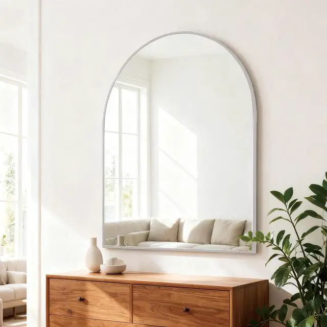 Alt view image 3 of 6 - 30x36 Inch Silver Metal Framed Arched Bathrrom Mirror for Wall.