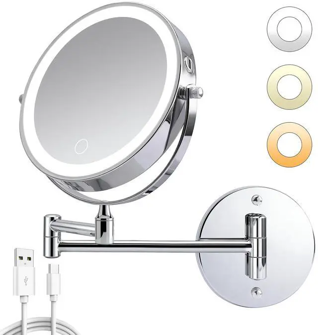 Main image of Rechargeable Wall Mounted Makeup Mirror 8'' Magnifying Mirror with Lights Double-Sided 1X/10 360° Rotation Extension Bathroom Shaving Mirror with Foldable Arm