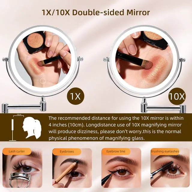 Alt view image 2 of 7 - Rechargeable Wall Mounted Makeup Mirror 8'' Magnifying Mirror with Lights Double-Sided 1X/10 360° Rotation Extension Bathroom Shaving Mirror with Foldable Arm