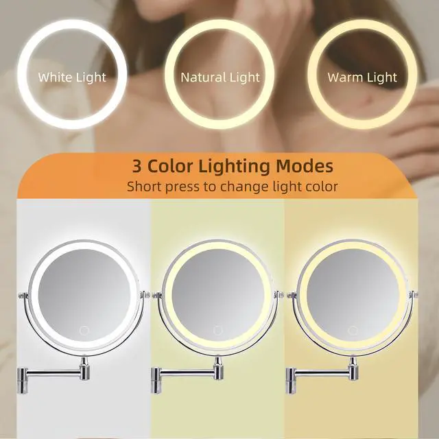 Alt view image 3 of 7 - Rechargeable Wall Mounted Makeup Mirror 8'' Magnifying Mirror with Lights Double-Sided 1X/10 360° Rotation Extension Bathroom Shaving Mirror with Foldable Arm