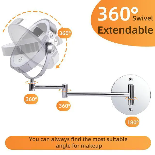 Alt view image 6 of 7 - Rechargeable Wall Mounted Makeup Mirror 8'' Magnifying Mirror with Lights Double-Sided 1X/10 360° Rotation Extension Bathroom Shaving Mirror with Foldable Arm