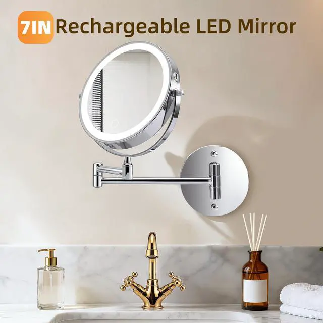Alt view image 7 of 7 - Rechargeable Wall Mounted Makeup Mirror 8'' Magnifying Mirror with Lights Double-Sided 1X/10 360° Rotation Extension Bathroom Shaving Mirror with Foldable Arm