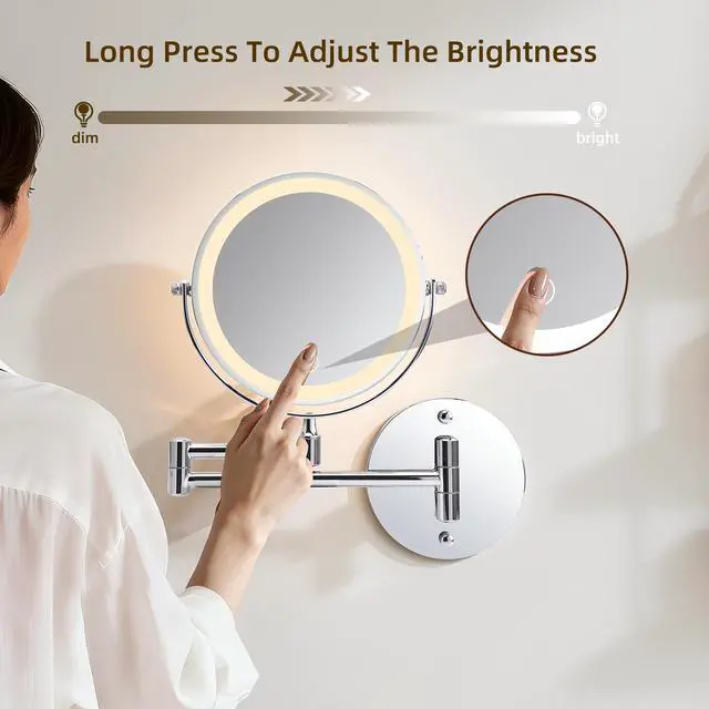 Alt view image 4 of 7 - Rechargeable Wall Mounted Makeup Mirror 8'' Magnifying Mirror with Lights Double-Sided 1X/10 360° Rotation Extension Bathroom Shaving Mirror with Foldable Arm