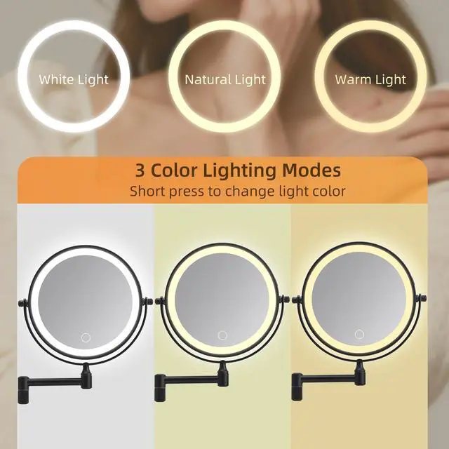 Alt view image 7 of 7 - Rechargeable Wall Mounted Makeup Mirror 8'' Magnifying Mirror with Lights Double-Sided 1X/10 360° Rotation Extension Bathroom Shaving Mirror with Foldable Arm