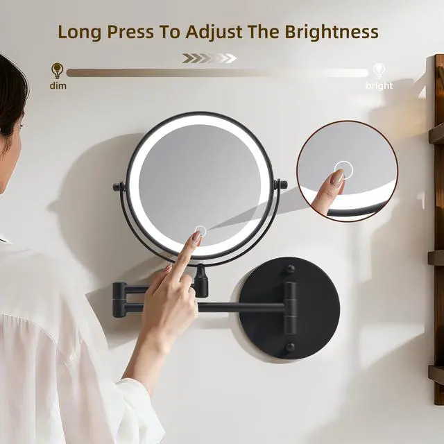 Alt view image 3 of 7 - Rechargeable Wall Mounted Makeup Mirror 8'' Magnifying Mirror with Lights Double-Sided 1X/10 360° Rotation Extension Bathroom Shaving Mirror with Foldable Arm