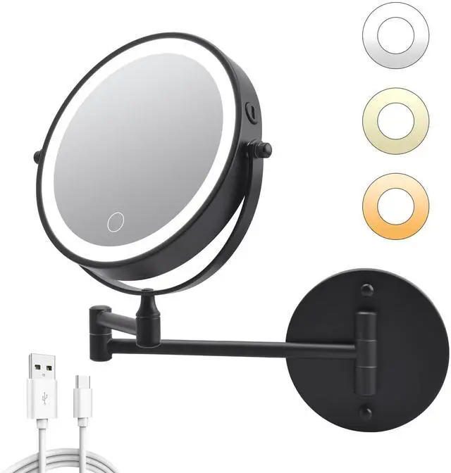 Main image of Rechargeable Wall Mounted Makeup Mirror 8'' Magnifying Mirror with Lights Double-Sided 1X/10 360° Rotation Extension Bathroom Shaving Mirror with Foldable Arm