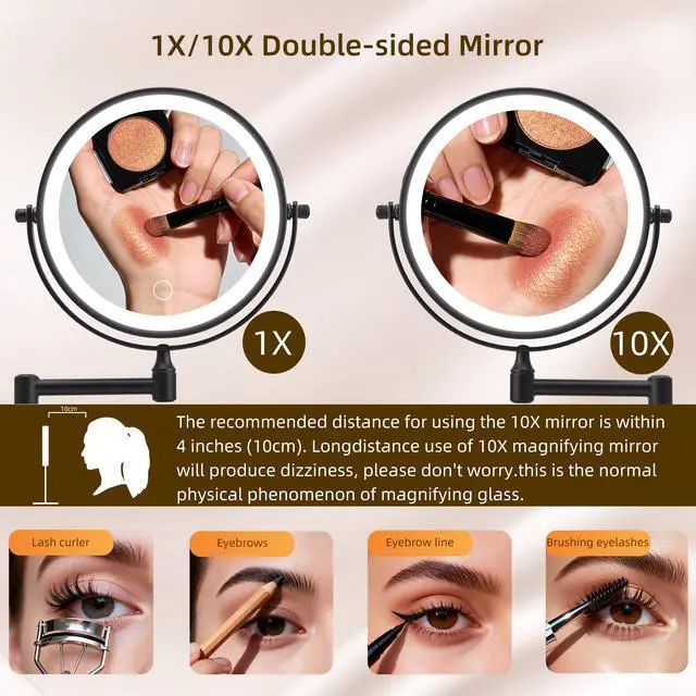 Alt view image 6 of 7 - Rechargeable Wall Mounted Makeup Mirror 8'' Magnifying Mirror with Lights Double-Sided 1X/10 360° Rotation Extension Bathroom Shaving Mirror with Foldable Arm