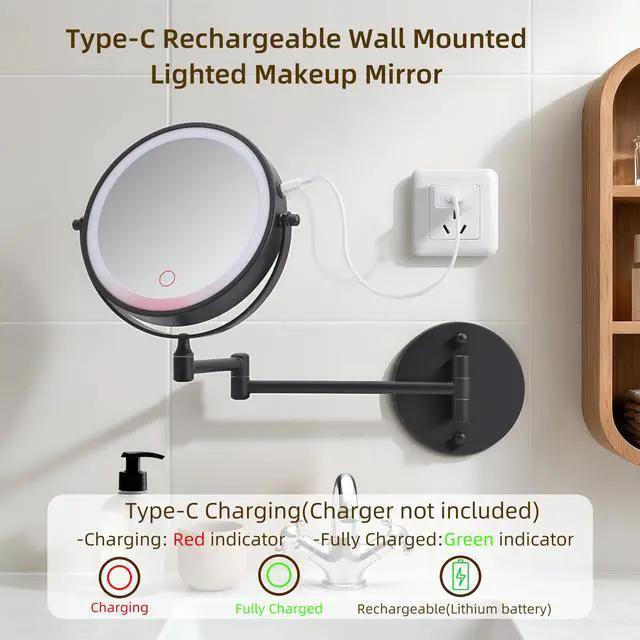 Alt view image 5 of 7 - Rechargeable Wall Mounted Makeup Mirror 8'' Magnifying Mirror with Lights Double-Sided 1X/10 360° Rotation Extension Bathroom Shaving Mirror with Foldable Arm