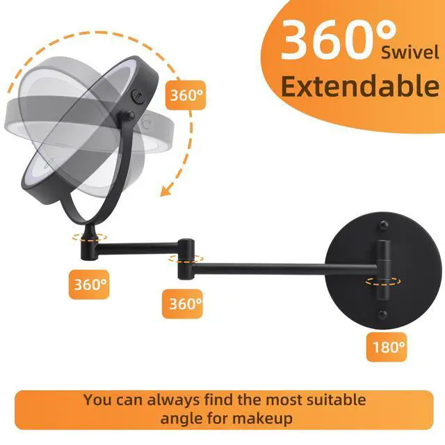 Alt view image 4 of 7 - Rechargeable Wall Mounted Makeup Mirror 8'' Magnifying Mirror with Lights Double-Sided 1X/10 360° Rotation Extension Bathroom Shaving Mirror with Foldable Arm