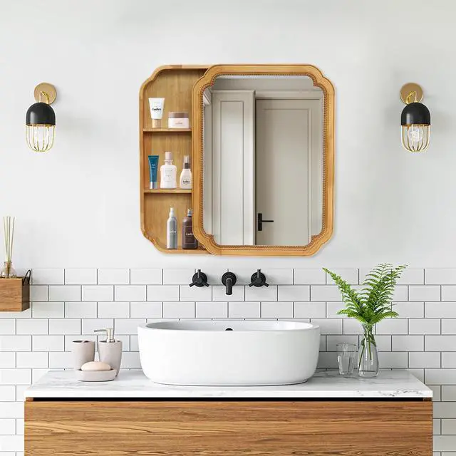 Main image of 31.5" x 23.82" Wood Framed Wall - Mounted Mirror Cabinet with Storage Shelves, Medicine Mirror for Bathroom, Living Room, Entryway