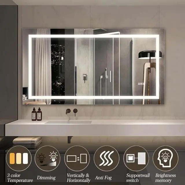 Alt view image 3 of 7 - 60" x 32" LED Bathroom Mirror with Anti-Fog and Touch Sensor Modern Frameless Lighted Wall Mirror for Bathroom Vanity, Shower Room, or Dressing Area
