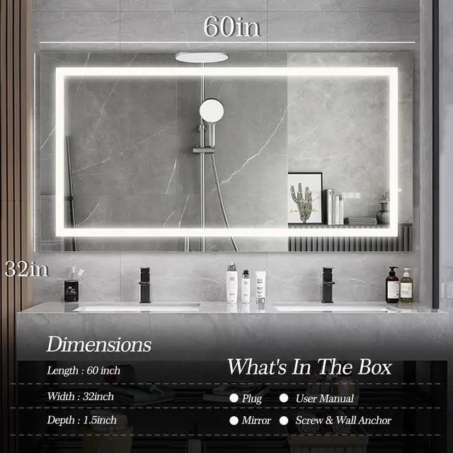 Alt view image 4 of 7 - 60" x 32" LED Bathroom Mirror with Anti-Fog and Touch Sensor Modern Frameless Lighted Wall Mirror for Bathroom Vanity, Shower Room, or Dressing Area