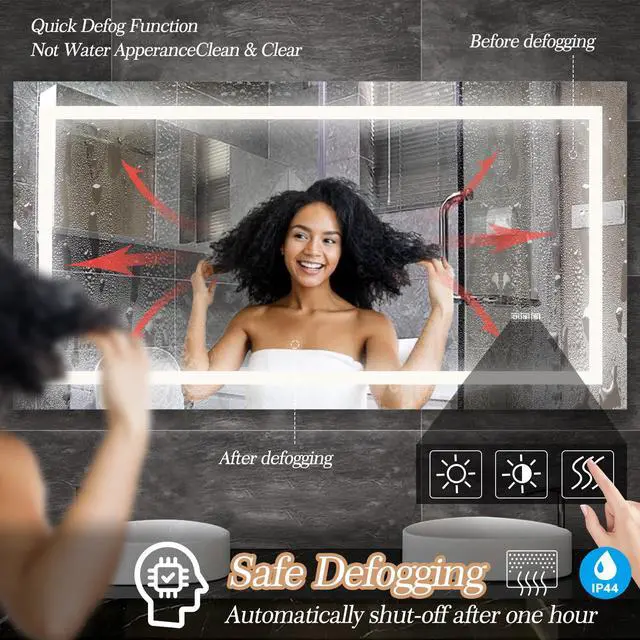 Alt view image 2 of 7 - 60" x 32" LED Bathroom Mirror with Anti-Fog and Touch Sensor Modern Frameless Lighted Wall Mirror for Bathroom Vanity, Shower Room, or Dressing Area