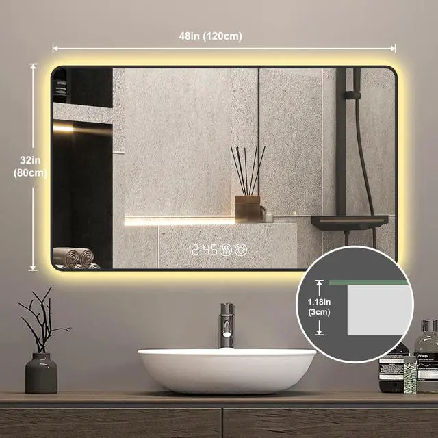 Alt view image 6 of 7 - 48x32 Black frame wall mirror with rounded corners vanity mirror, temperature display, tri color light, defogging, high-quality aluminum alloy frame, high-definition tempered glass
