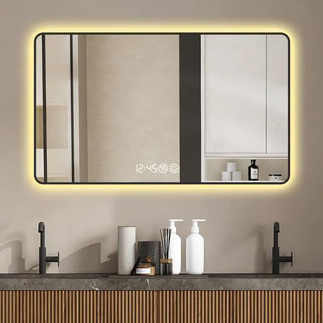 Alt view image 2 of 7 - 29x39 Black frame wall mirror with rounded corners vanity mirror, temperature display, tri color light, defogging, high-quality aluminum alloy frame, high-definition tempered glass