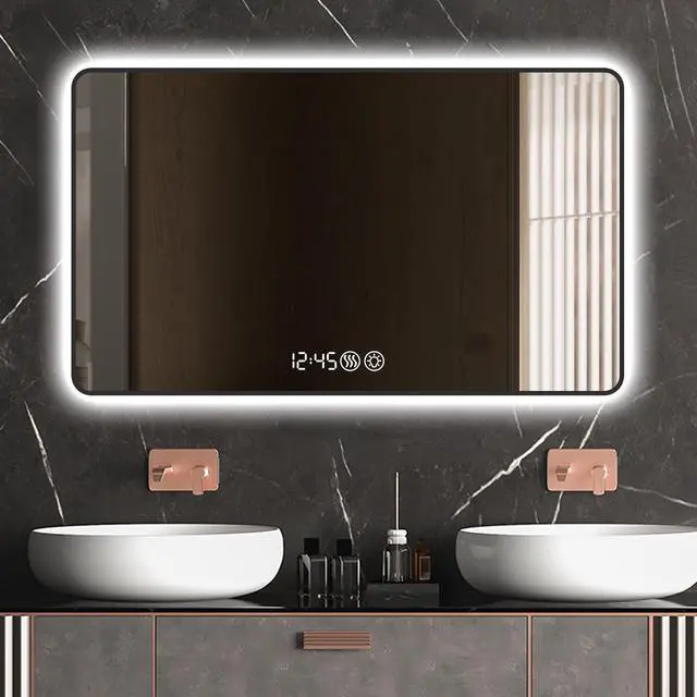 Alt view image 4 of 7 - 29x39 Black frame wall mirror with rounded corners vanity mirror, temperature display, tri color light, defogging, high-quality aluminum alloy frame, high-definition tempered glass
