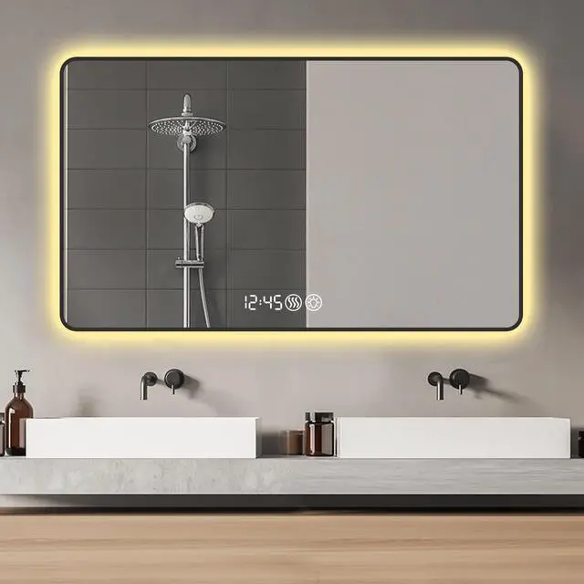 Alt view image 5 of 7 - 29x39 Black frame wall mirror with rounded corners vanity mirror, temperature display, tri color light, defogging, high-quality aluminum alloy frame, high-definition tempered glass