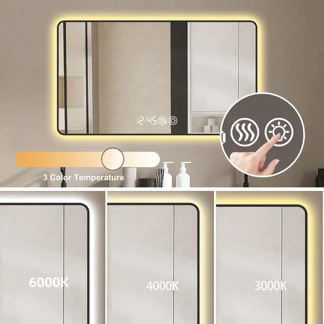 Alt view image 7 of 7 - 29x39 Black frame wall mirror with rounded corners vanity mirror, temperature display, tri color light, defogging, high-quality aluminum alloy frame, high-definition tempered glass