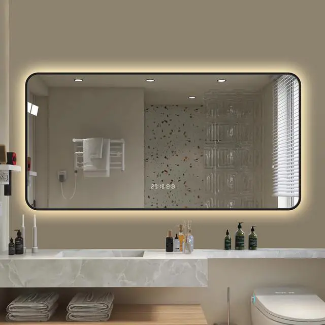 Alt view image 2 of 7 - 48*24 inch Black frame wall mirror with rounded corners vanity mirror, temperature display, tri color light, defogging, high-quality aluminum alloy frame, high-definition tempered glass