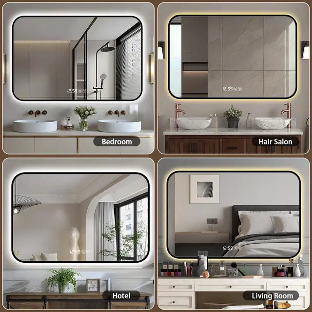 Alt view image 6 of 7 - 29x39 Black frame wall mirror with rounded corners vanity mirror, temperature display, tri color light, defogging, high-quality aluminum alloy frame, high-definition tempered glass