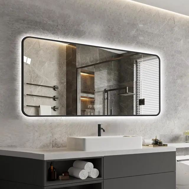 Alt view image 6 of 7 - 48*24 inch Black frame wall mirror with rounded corners vanity mirror, temperature display, tri color light, defogging, high-quality aluminum alloy frame, high-definition tempered glass